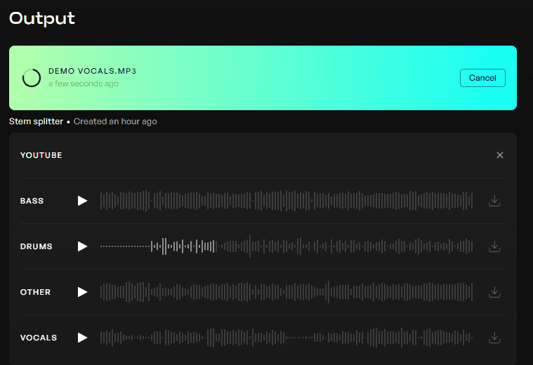 Audio processing page of the stem splitter tool