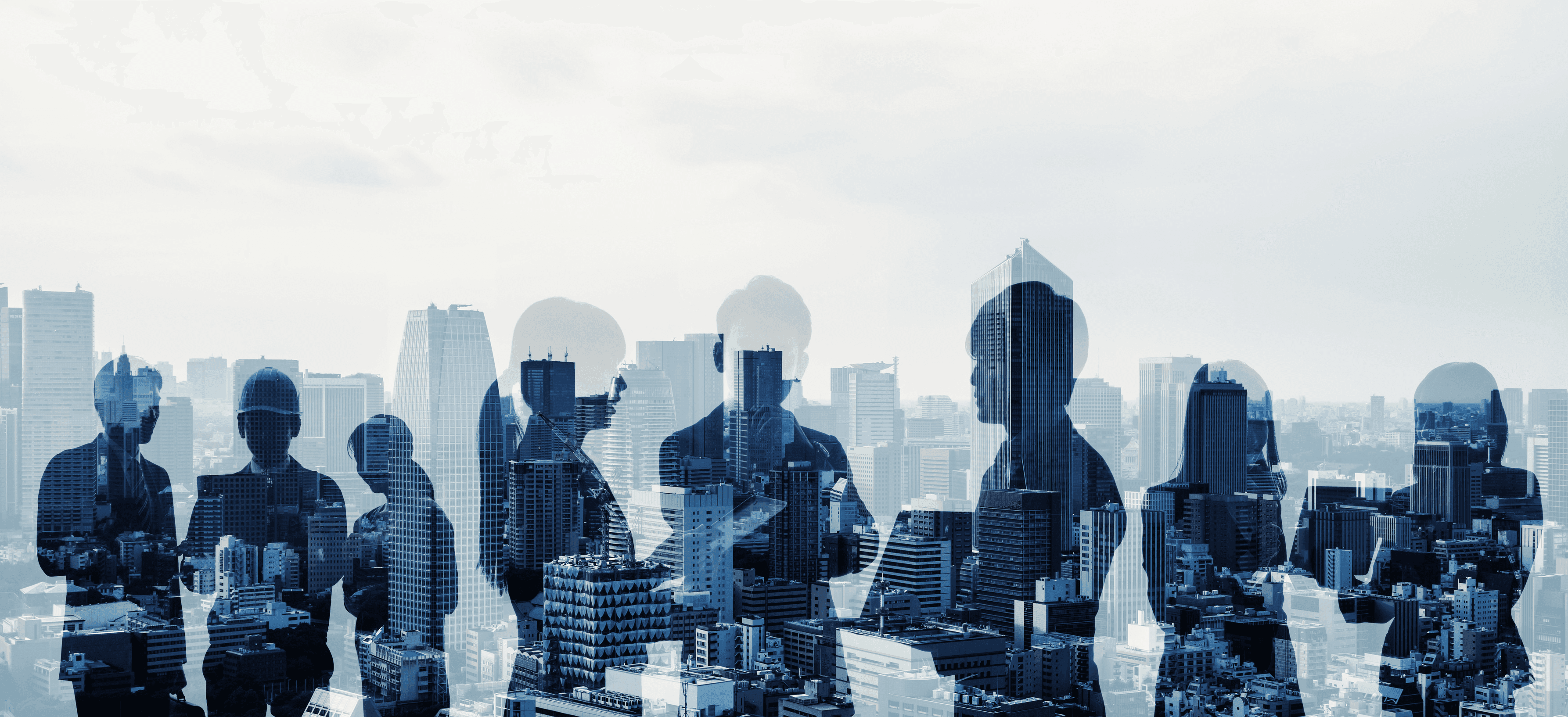 An edited image of a background of a city view with buildings and in front of that image, a series of people talking to each other.