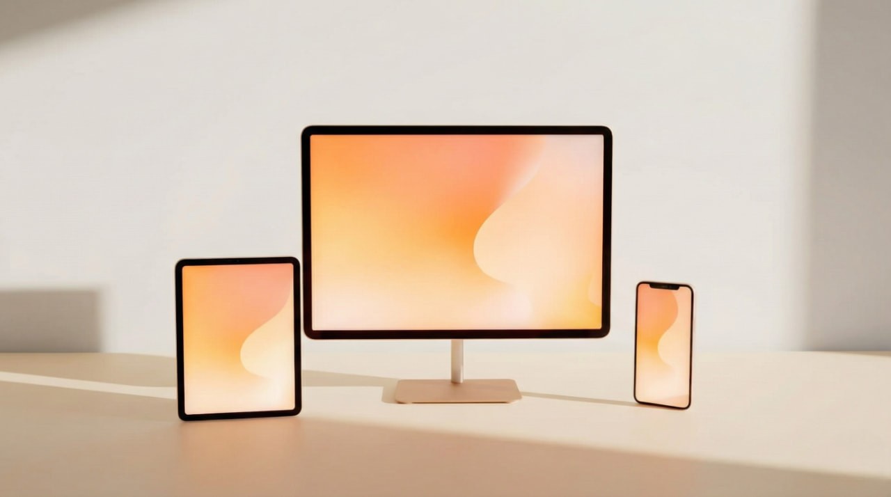 A tablet, monitor, and smartphone display a similar warm abstract design. The sleek devices rest on a light-colored surface in soft lighting.