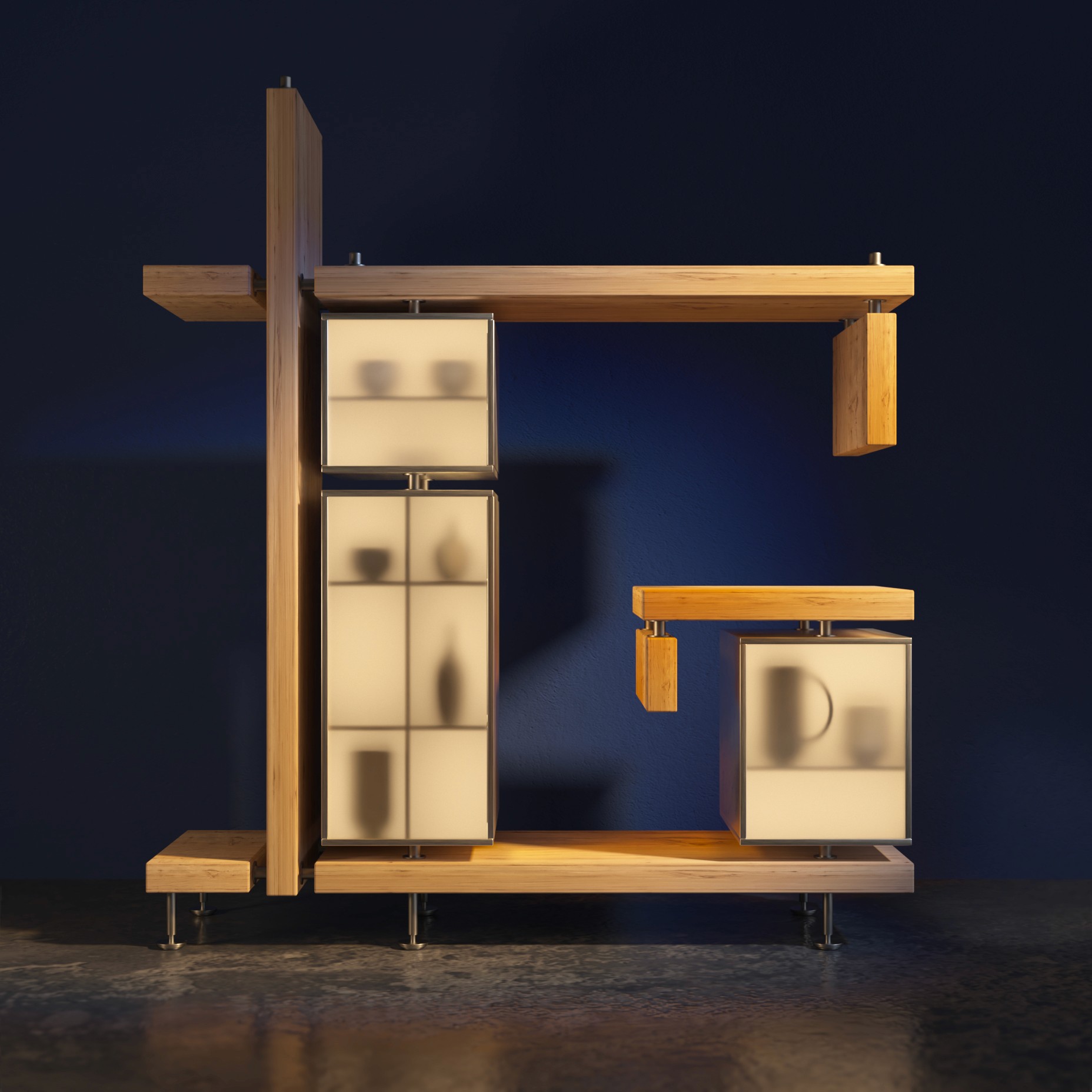 3D visualisation of an abstract furniture piece blue wall wood and metal textures with sandblasted glass