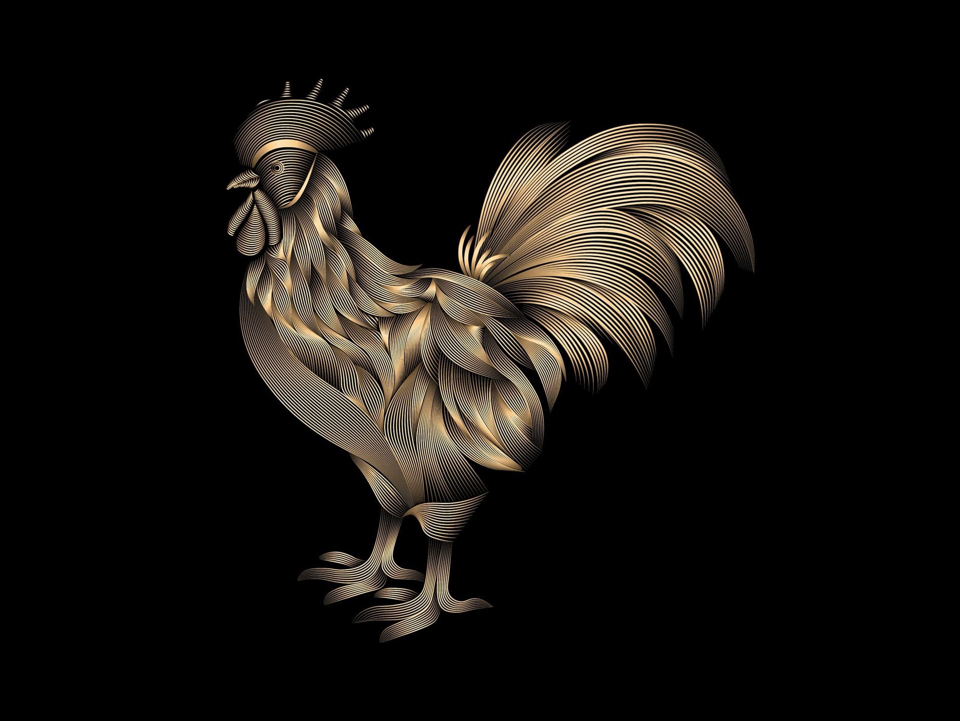 Rooster illustration in golden colour.