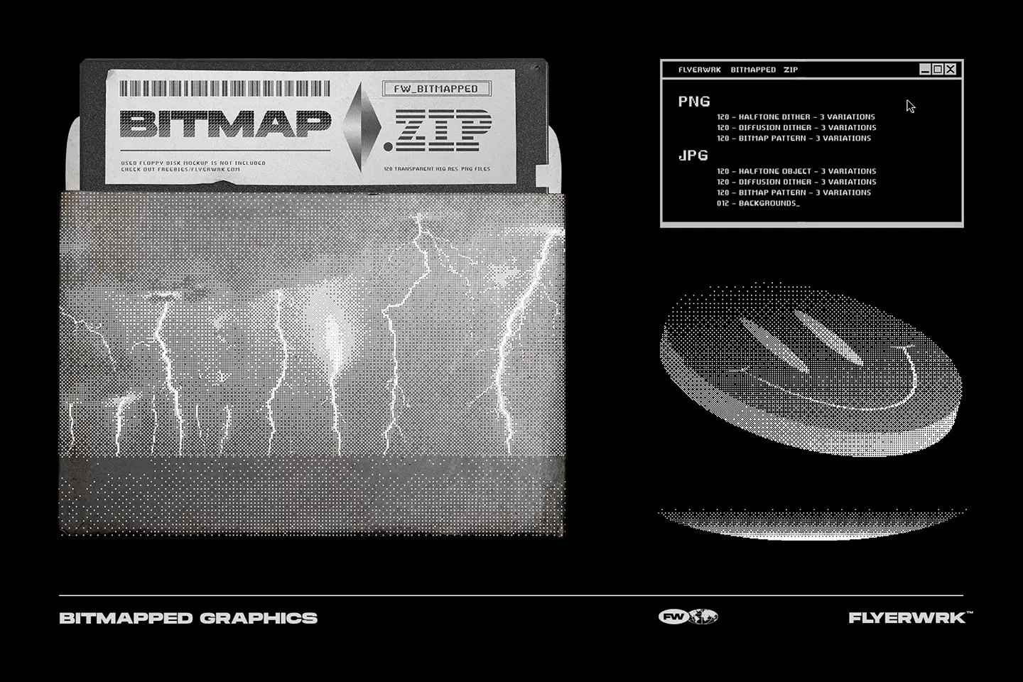 Bitmapped design elements floppy disk mockup and 3D dithered smiley face for retro futuristic branding