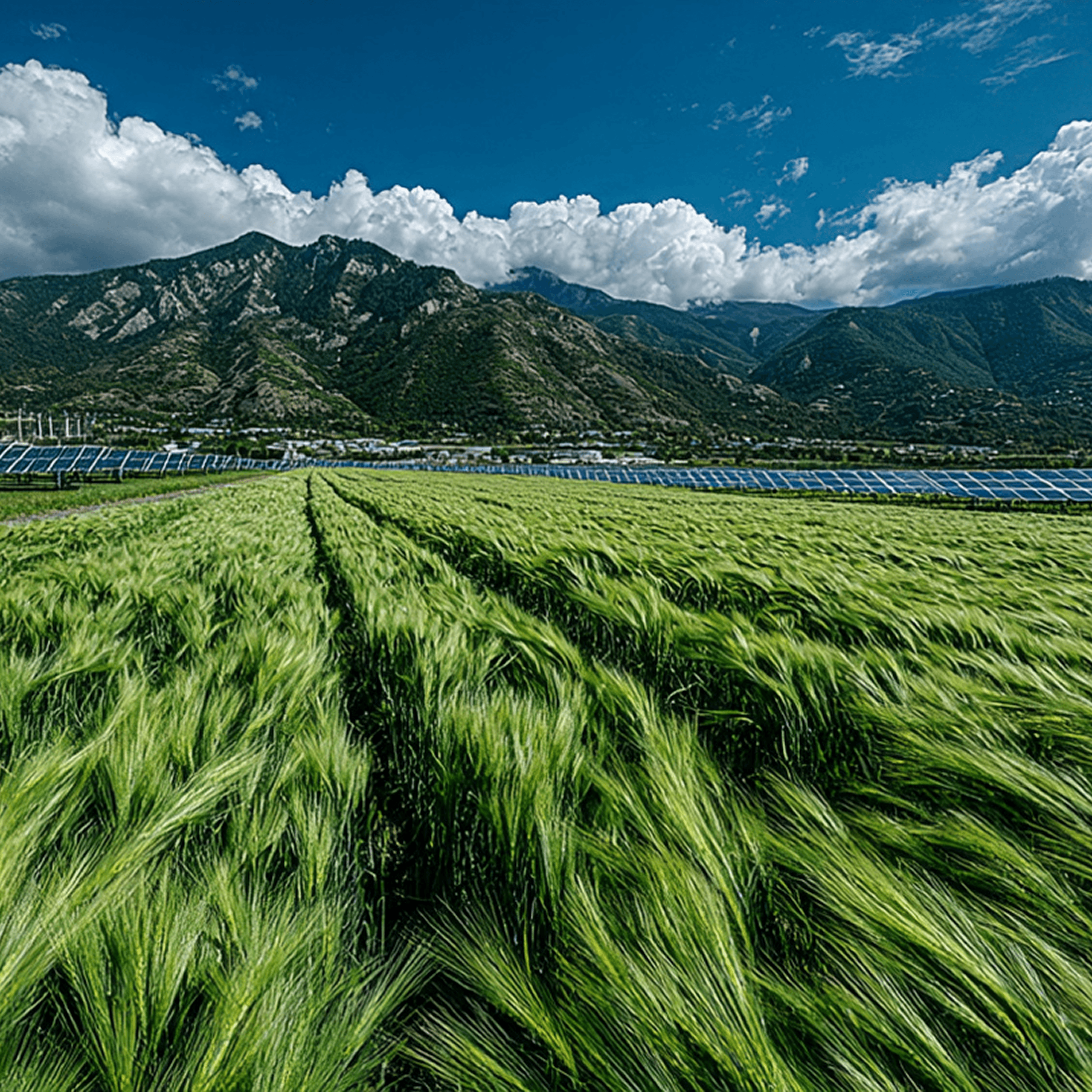 Solar panels in a large renewable energy farm under a bright, partly cloudy sky during sunset.
