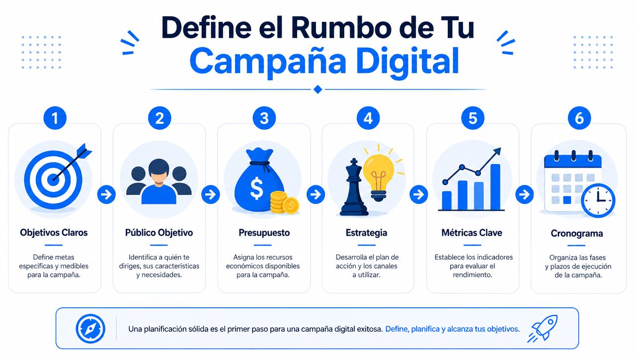 Infografía paso a paso para definir el rumbo de una campaña de marketing digital efectiva y exitosa.