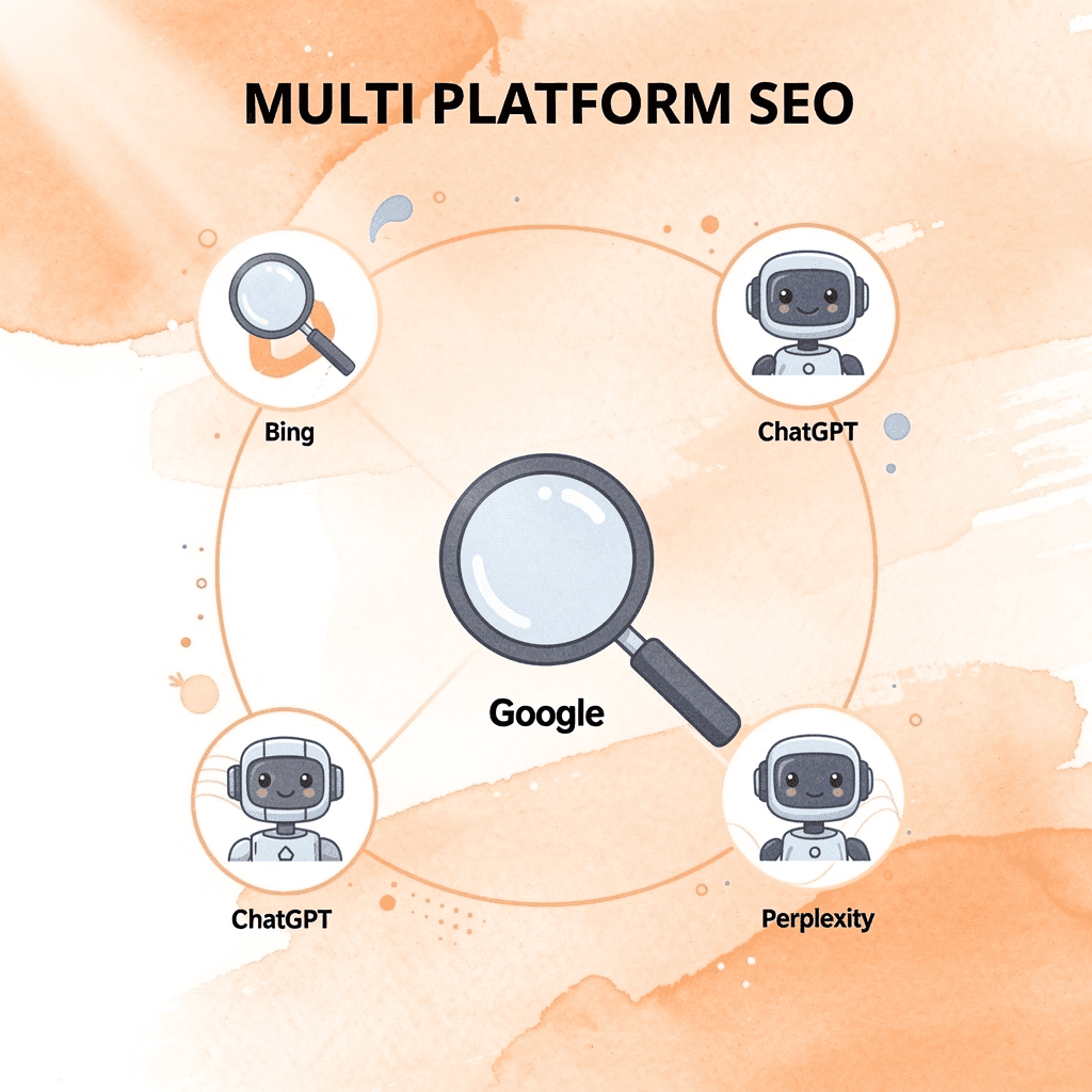 Hub diagram showing SEO targeting multiple search platforms