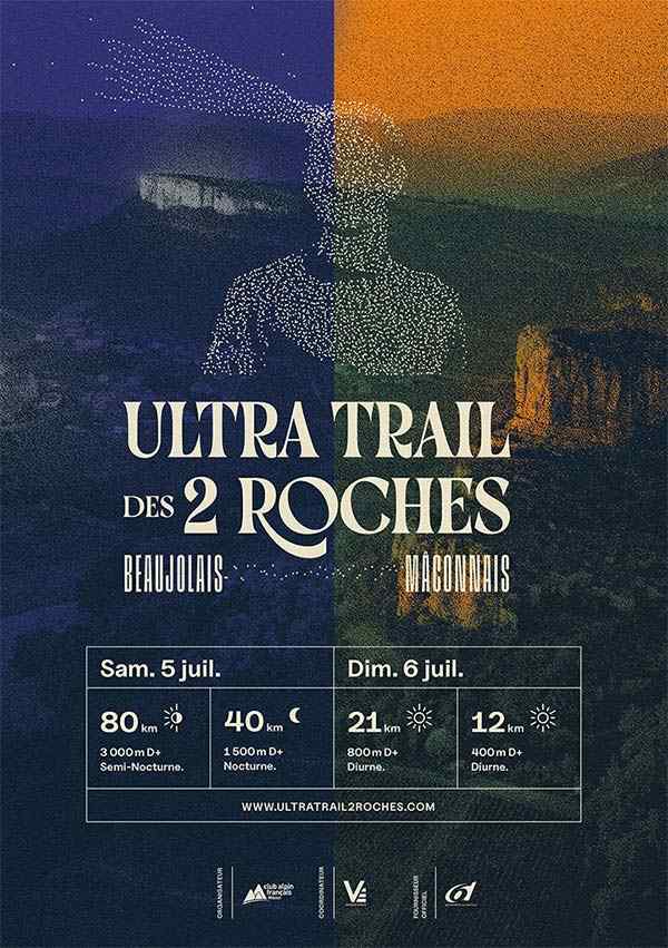 Détails de l'affiche de l'Ultra Trail des 2 Roches. Avec une partie bleue sombre qui réprésente la nuit et une partie jaune/or qui représente le jour.