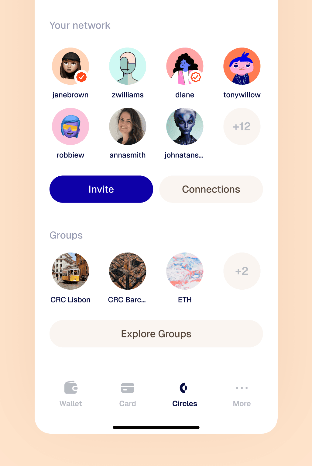 Before-redesign home screen — original Circles UI surfacing Groups, affiliate groups, and the trust network as primary navigation, demanding effort from users before any reward payoff.