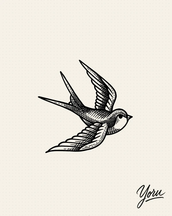 Diseño de tatuaje de una golondrina volando, en estilo tradicional con sombreado de grabado.