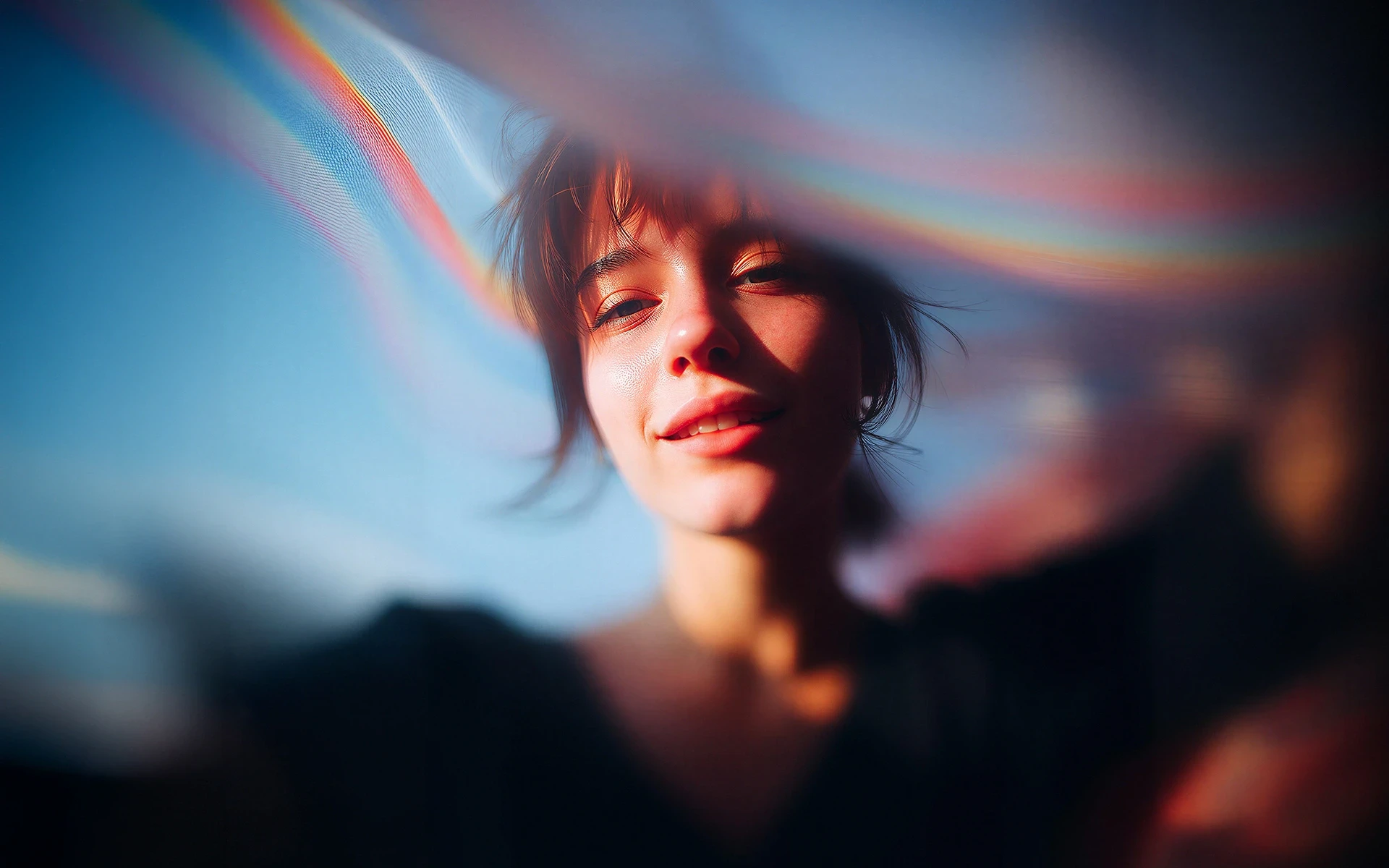 Close-up portrait of a smiling woman bathed in dreamy, vibrant rainbow light for an uplifting, ethereal atmosphere.