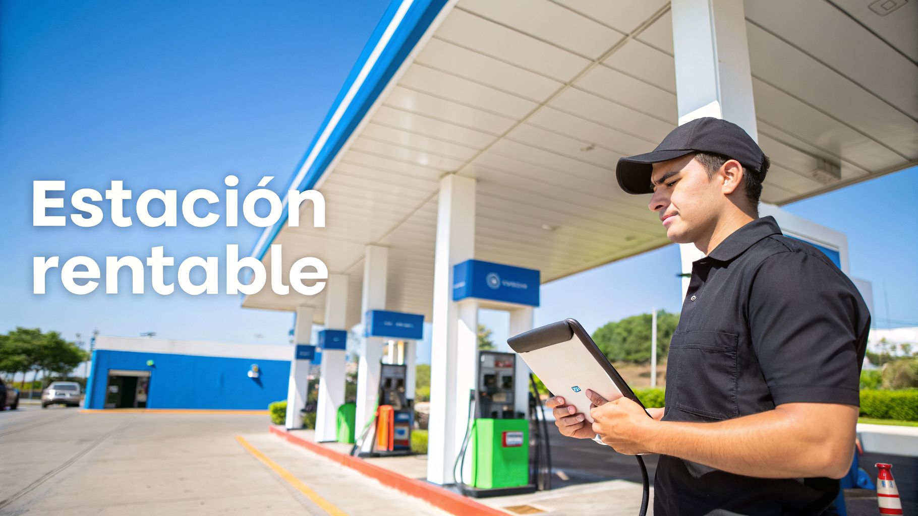 Empleado de gasolinera en uniforme negro usando una tablet bajo el dosel, gestionando una estación rentable.