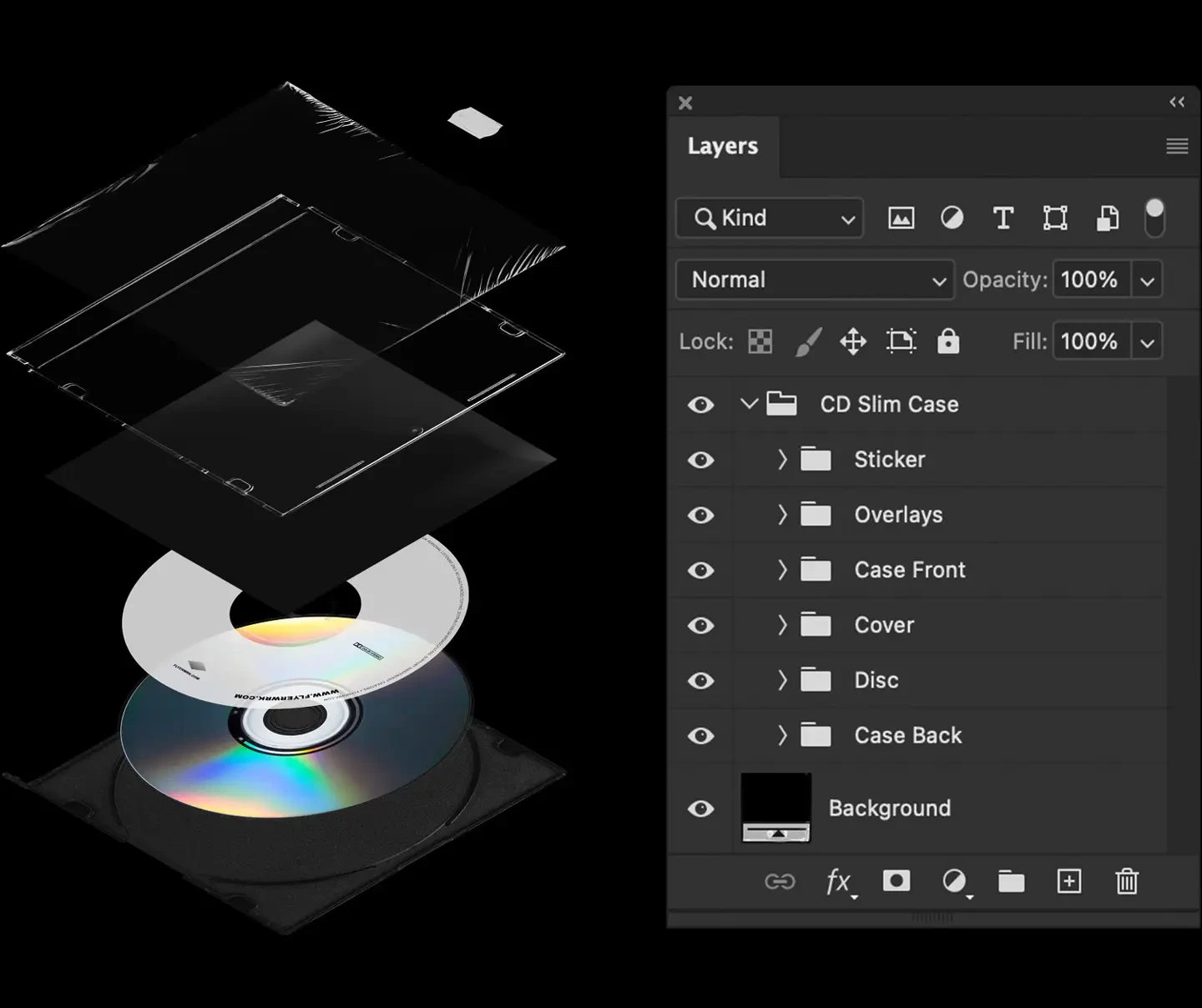 Exploded view of the Maxi Single CD Slim Case Mockup showing organized Photoshop design layers