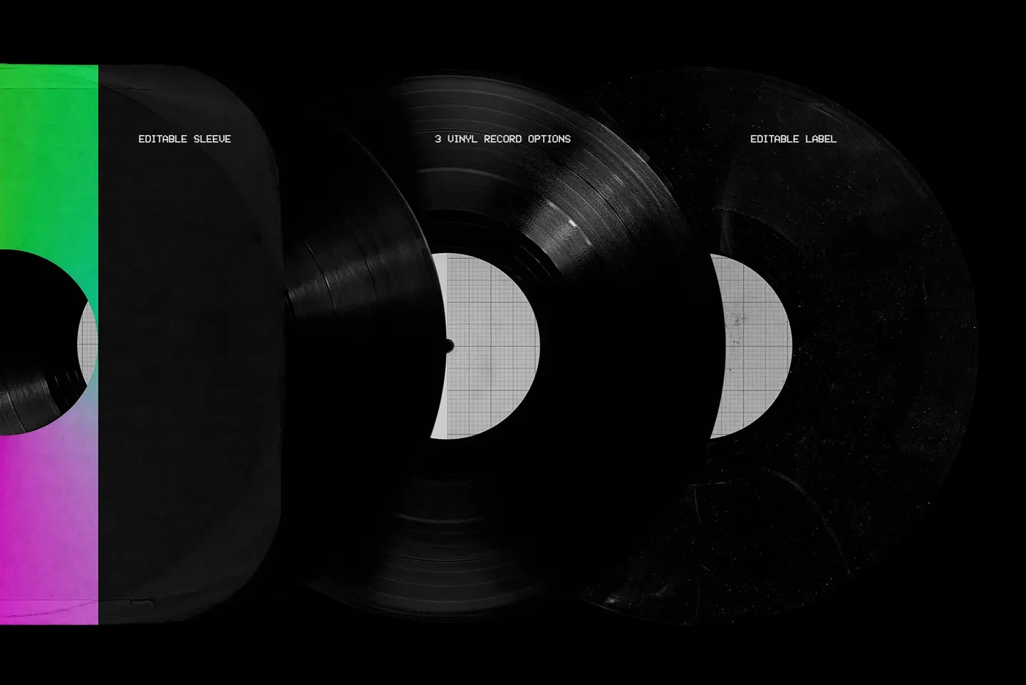 Vinyl record mockup showing three realistic vinyl record variants with editable labels