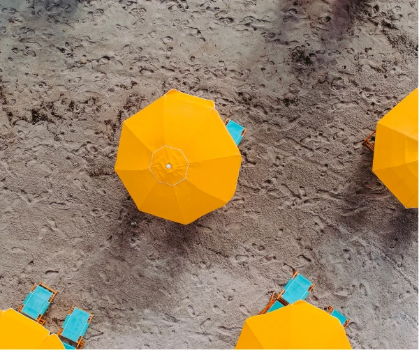 Top down aerial view of yellow beach umbrellas with blue seats.