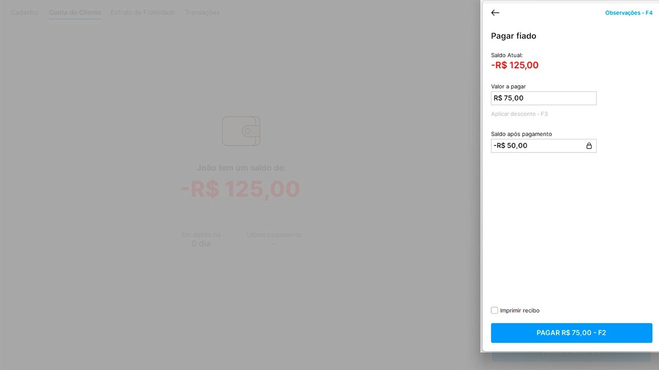Tela de conta do cliente do sistema Nex, com saldo negativo e janela de pagamento de fiado em destaque.