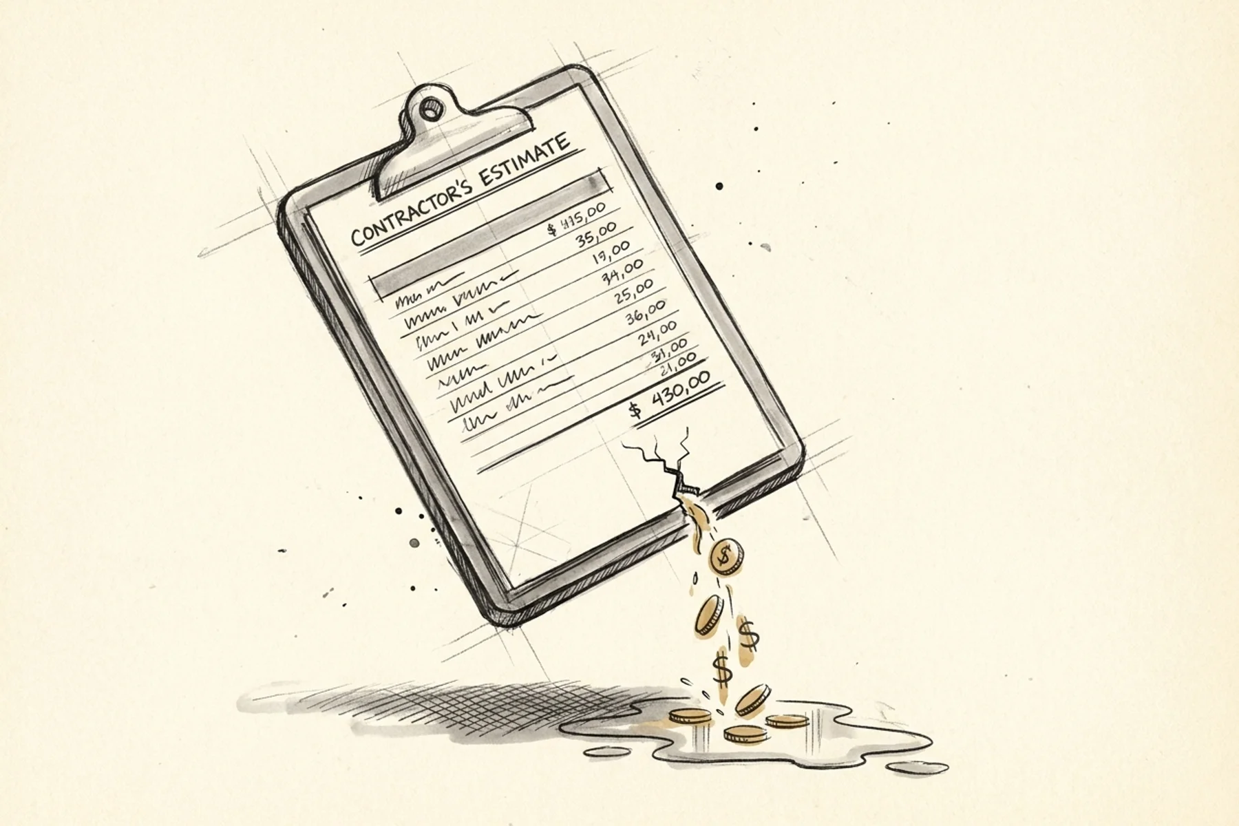Contractor job costing template — hand-drawn sketch of an estimate clipboard with coins leaking from a hidden crack, illustrating hidden profit loss on every job