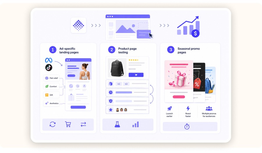 Illustration of ecommerce use cases: landing pages, product testing, seasonal promos
