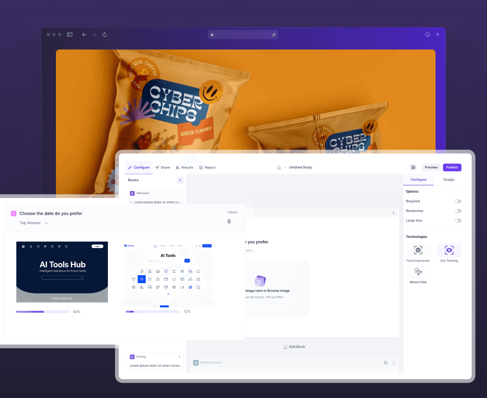 A digital interface for configuring market research studies is shown overlaid on a vibrant background featuring "Cyber Chips" snack packaging. The software dashboard includes a "Configure" panel with toggle options for advanced tracking technologies like "Facial Expression," "Eye Tracking," and "Mouse Click". A secondary window displays a preference test titled "Choose the date do you prefer," which compares two different website layouts for an "AI Tools Hub" with real-time response percentages of 50% and 12%. The overall platform design is clean and professional, featuring a navigation bar for sharing and reporting, along with a prominent purple "Publish" button.