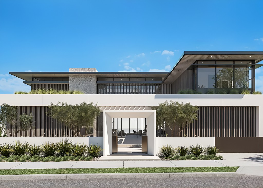 Artist's rendering of a modern home titled "Wadeem" by Modon, showcasing sleek architecture and contemporary design elements.