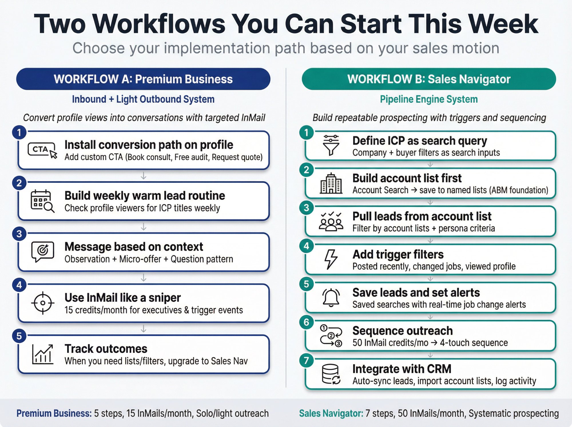 Side-by-side comparison of Premium Business inbound workflow vs Sales Navigator pipeline engine workflow with numbered implementation steps