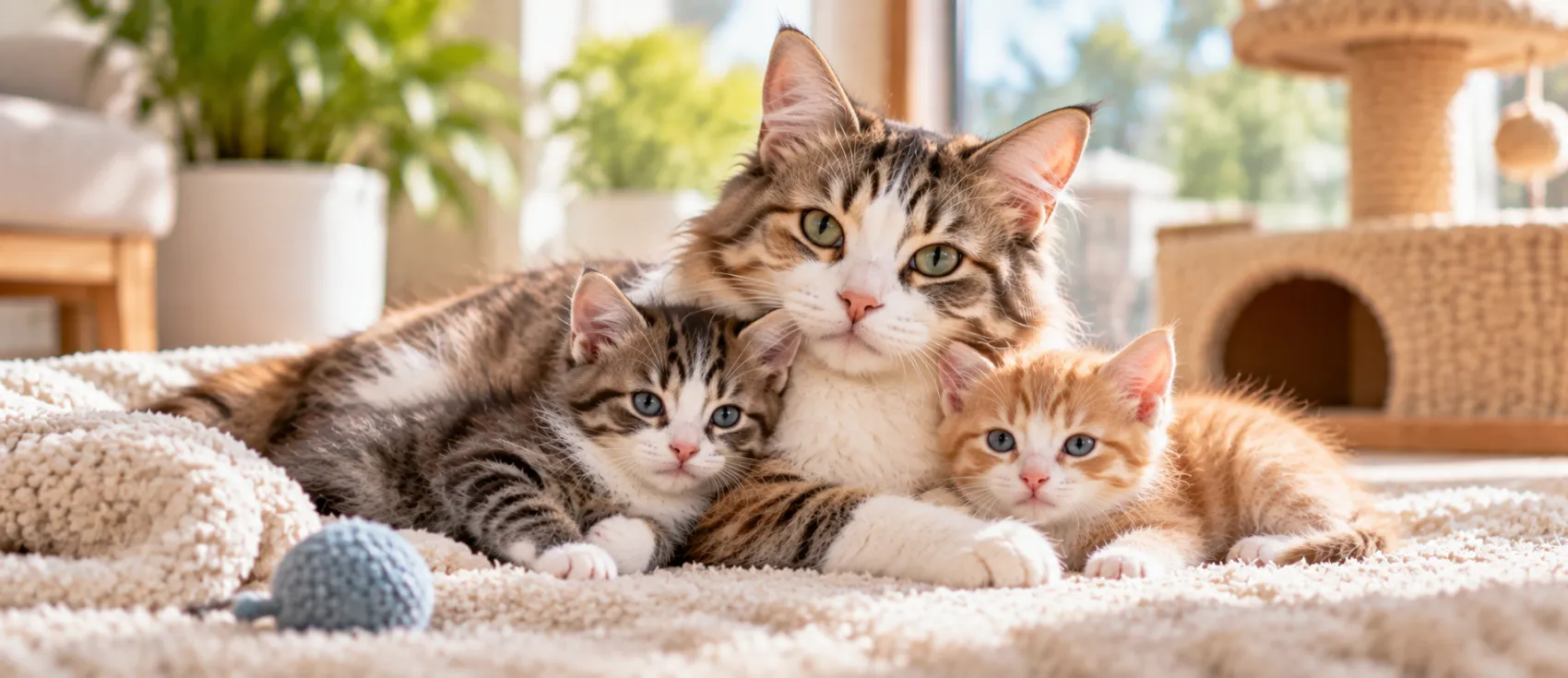 Adult cat lying with two kittens on a soft blanket.