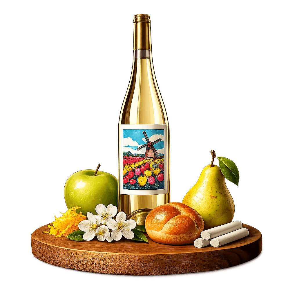 Artistic label and flavor profile for Dutch Sparkling Wine on a rustic wooden table.