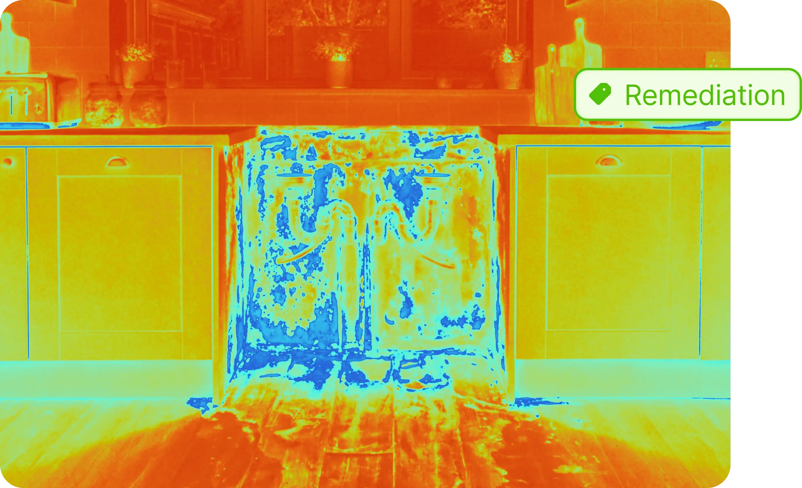 Water damage thermal image of kitchen sink with remediation tag