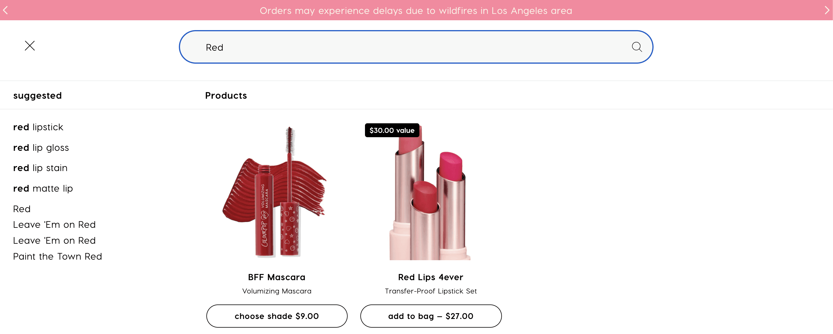 ColourPop Instant Search Results