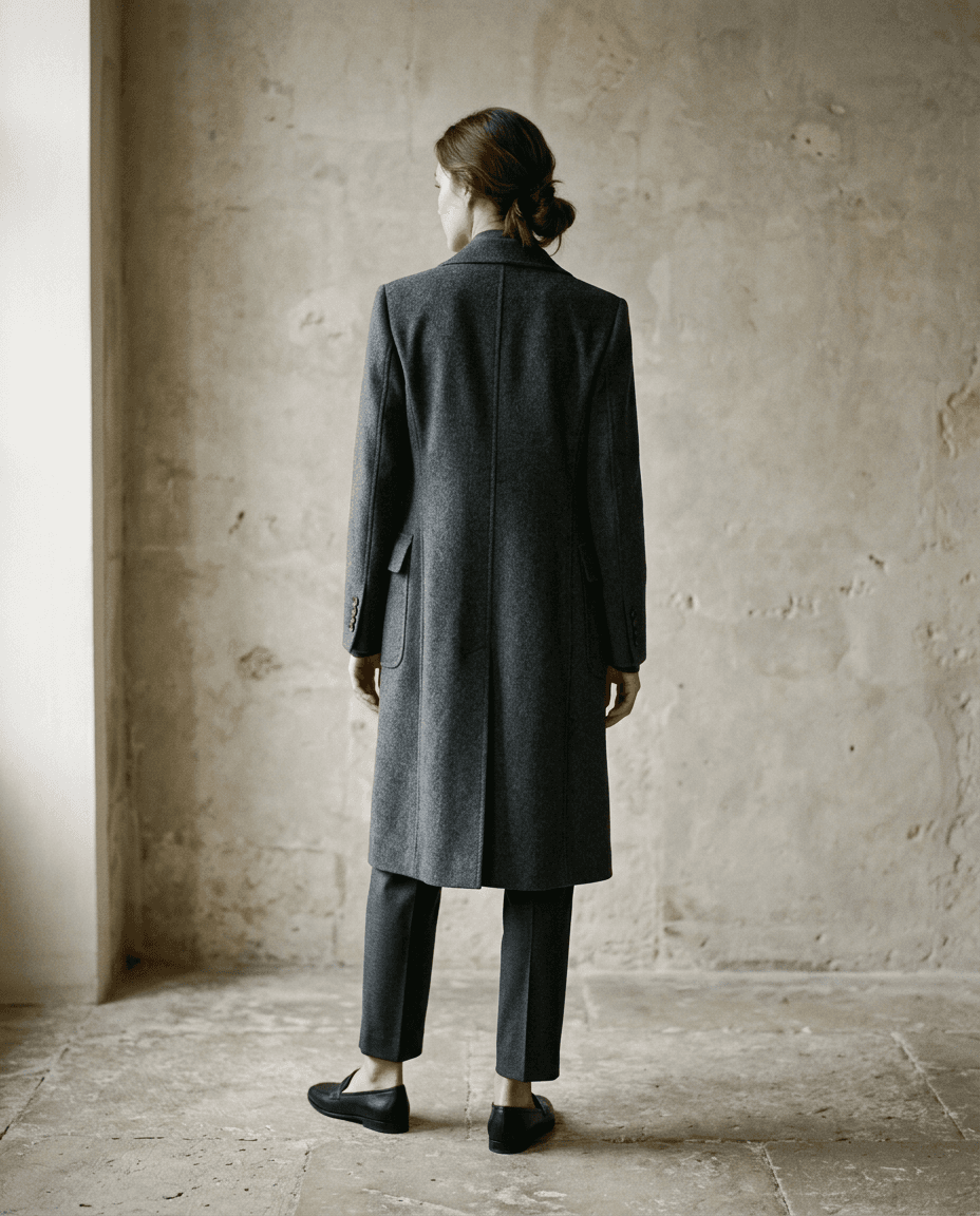Double-Breasted Camel Cashmere Coat — Charcoal — full