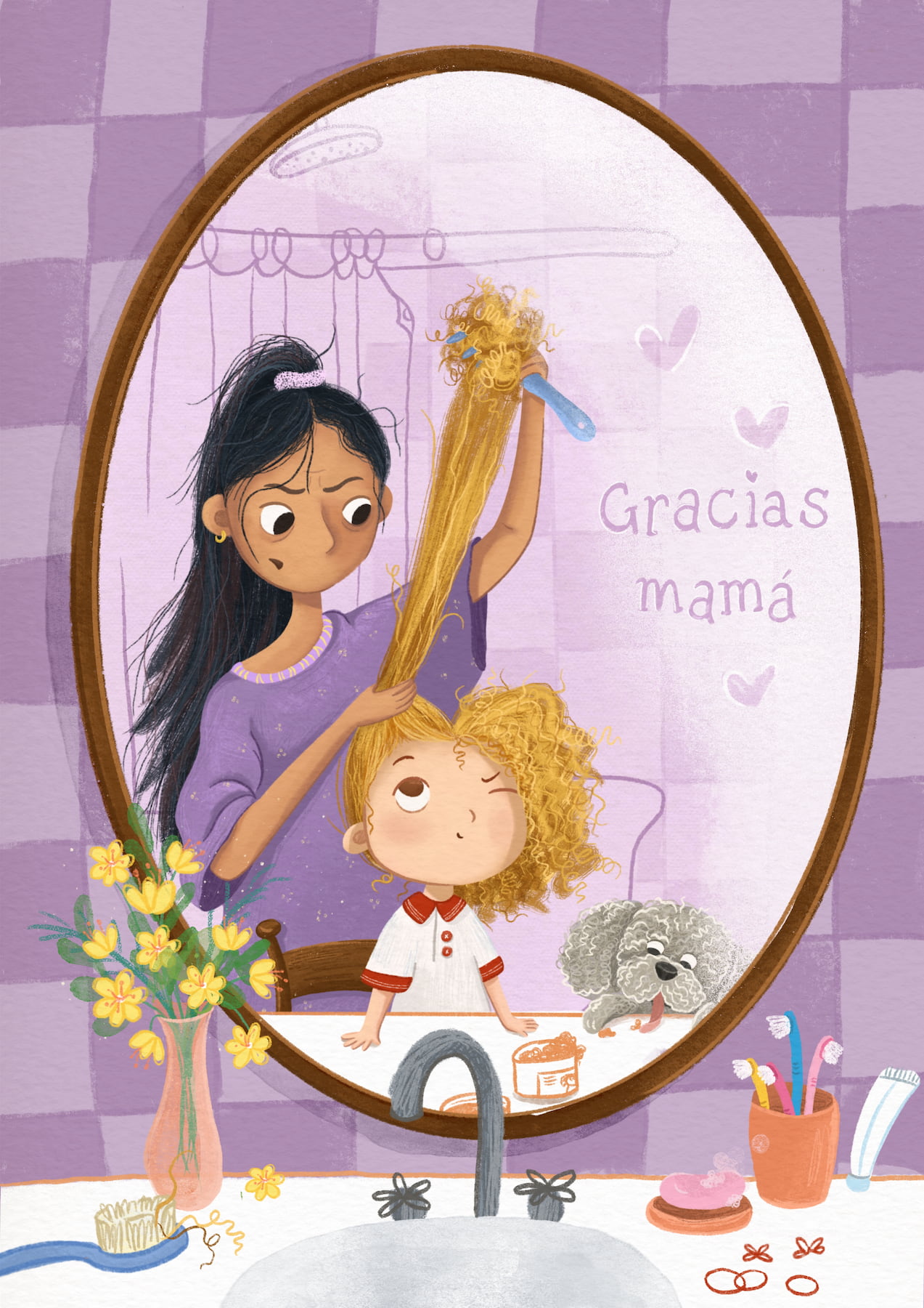 A mother looking confused while brushing her daughter’s hair in front of a bathroom mirror.