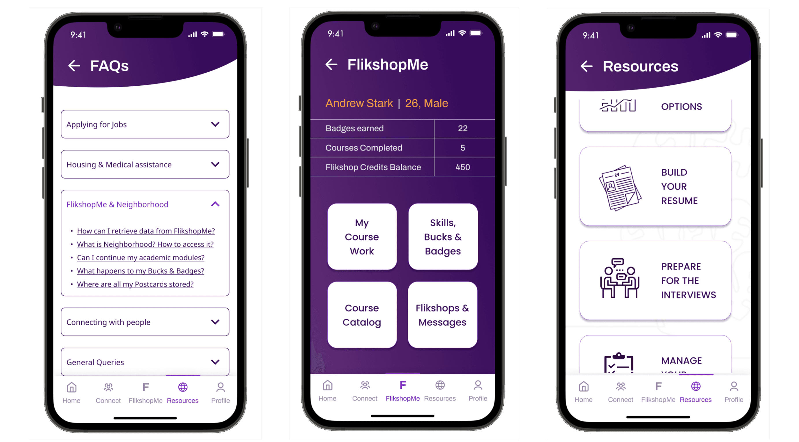 Flikshop Home phone screens: FAQs, profile with badges and credits, and resources