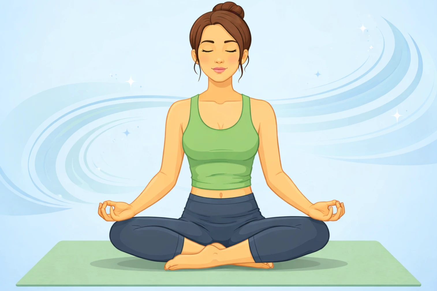 A woman in a green vest, meditating