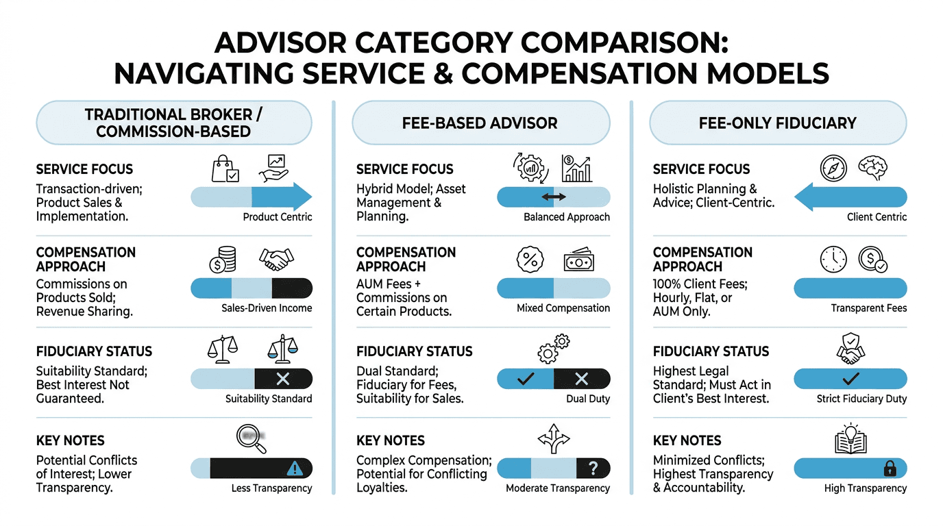 Three-column infographic comparing advisor categories by service focus, compensation approach, and fiduciary status using simple icons and mini horizontal bars for quick comparison. Clean white background with blue accents and clear labels for accessibility.
