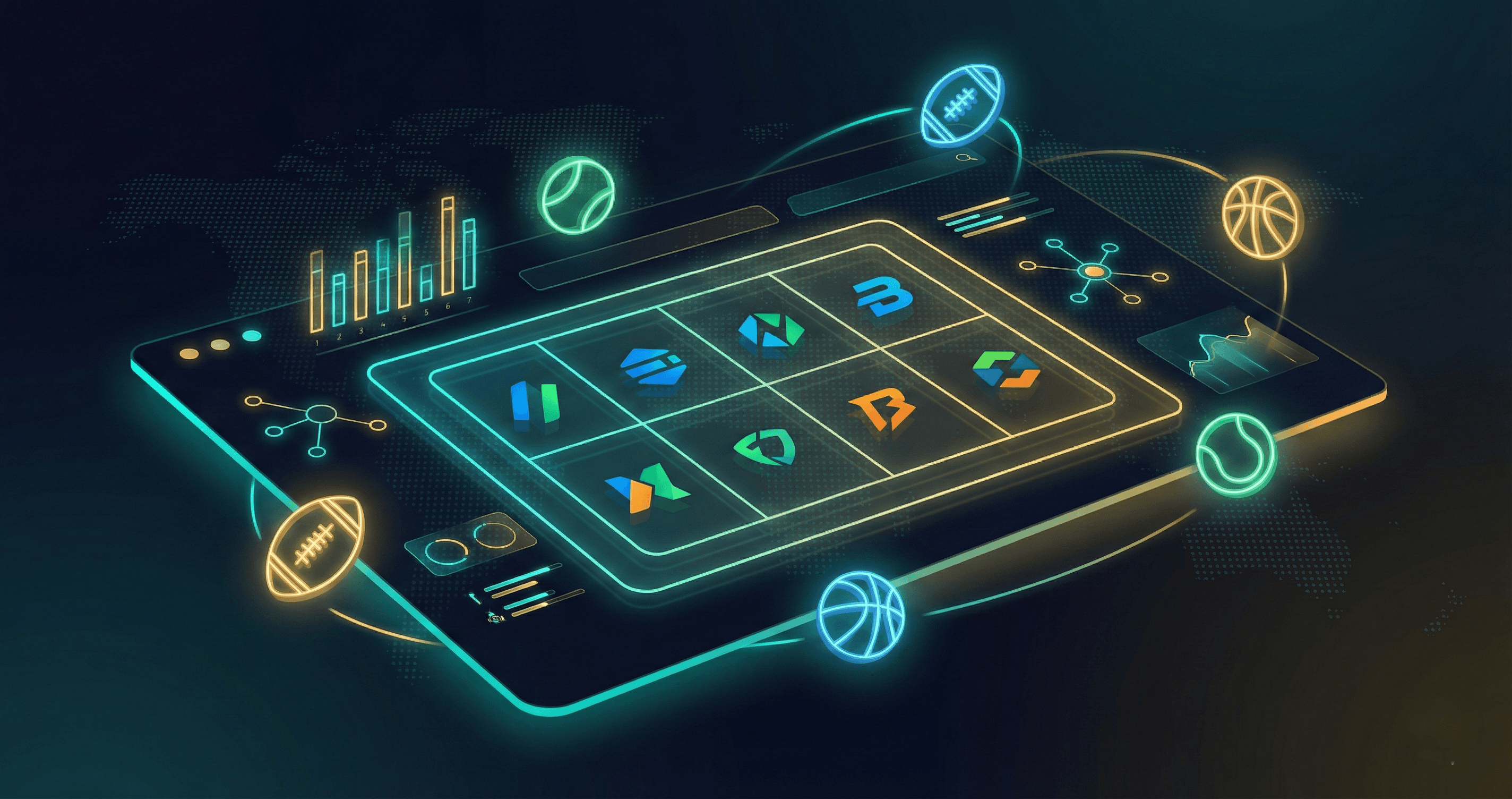 Digital comparison dashboard showing sportsbook software provider analysis with sports icons and data visualizations on dark background