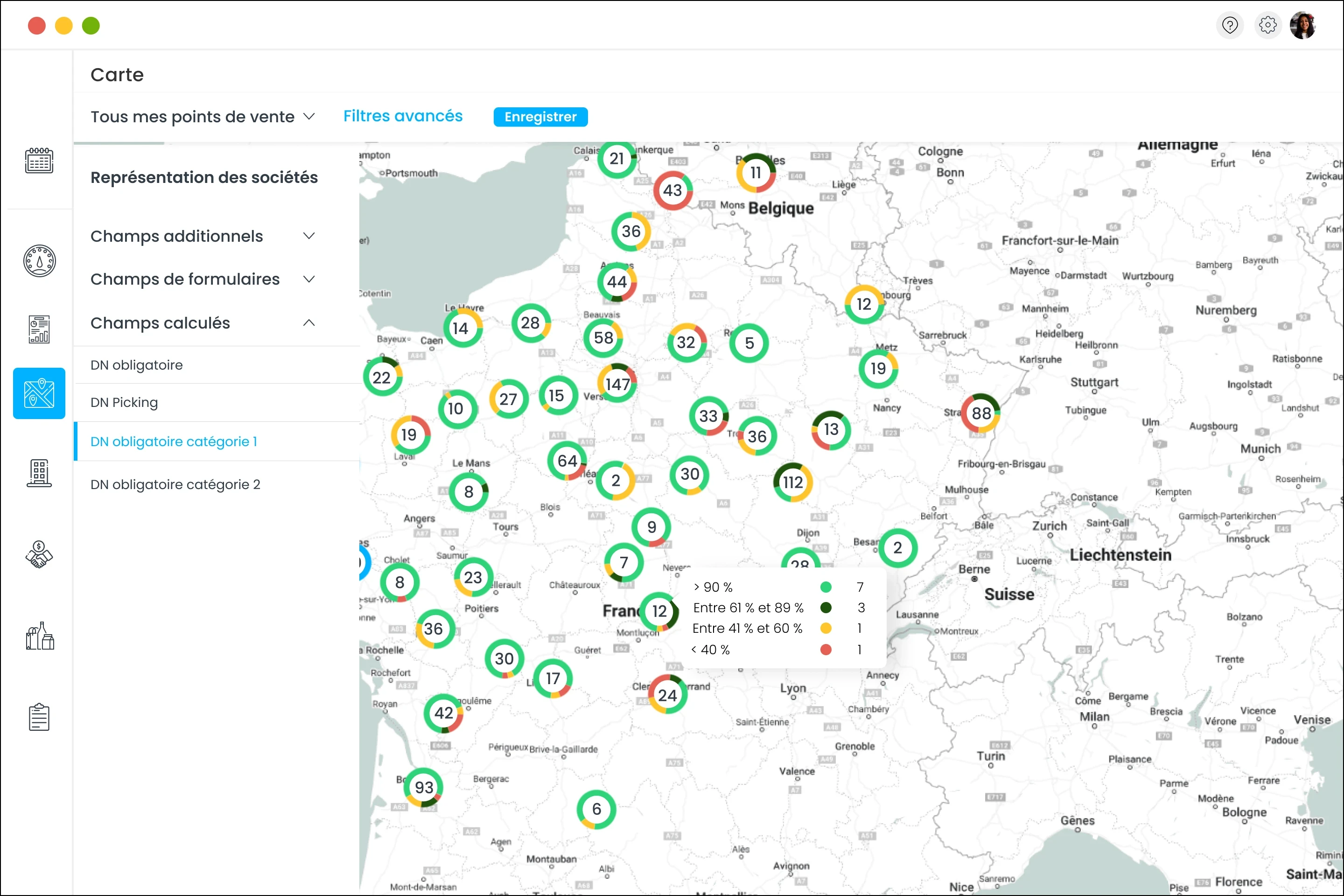 Visualisation des points de vente en fonction de la DN de la dernière visite sur Sidely