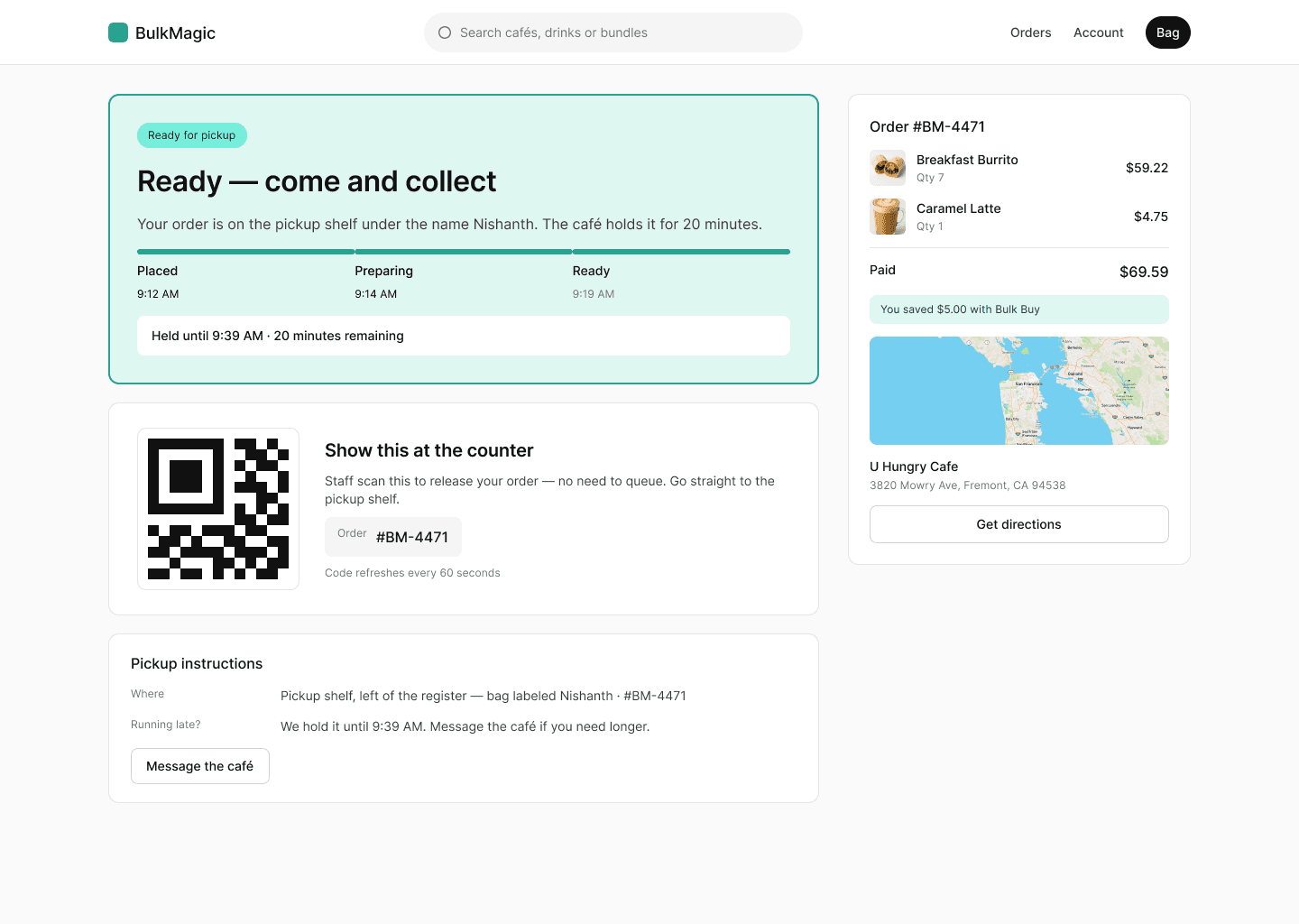 Web pickup screen with the same QR, plus timeline, pickup instructions and map