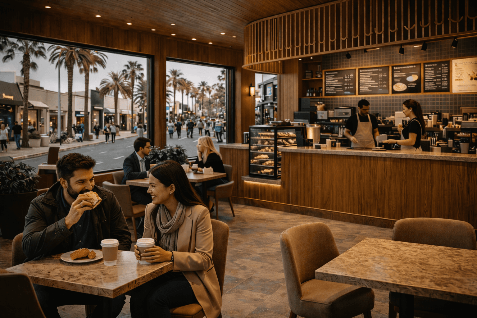 People seated at a café table with coffee and food, with a service counter and large windows in the background.