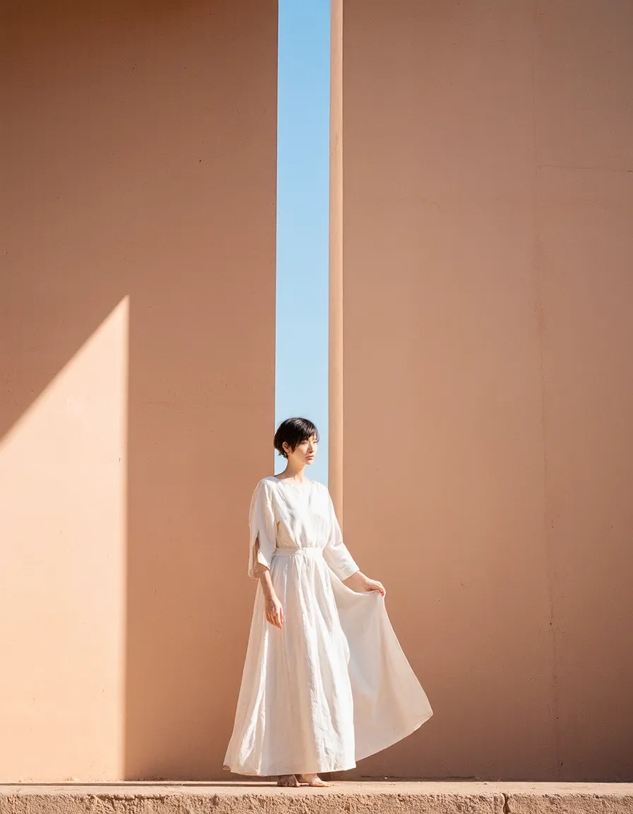 Minimalist fashion photography featuring a white flowing dress against terracotta walls with a slice of blue sky, creating dramatic light play