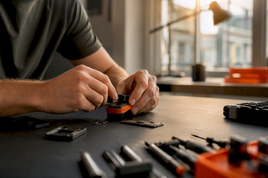 Hands assembling a tech prototype