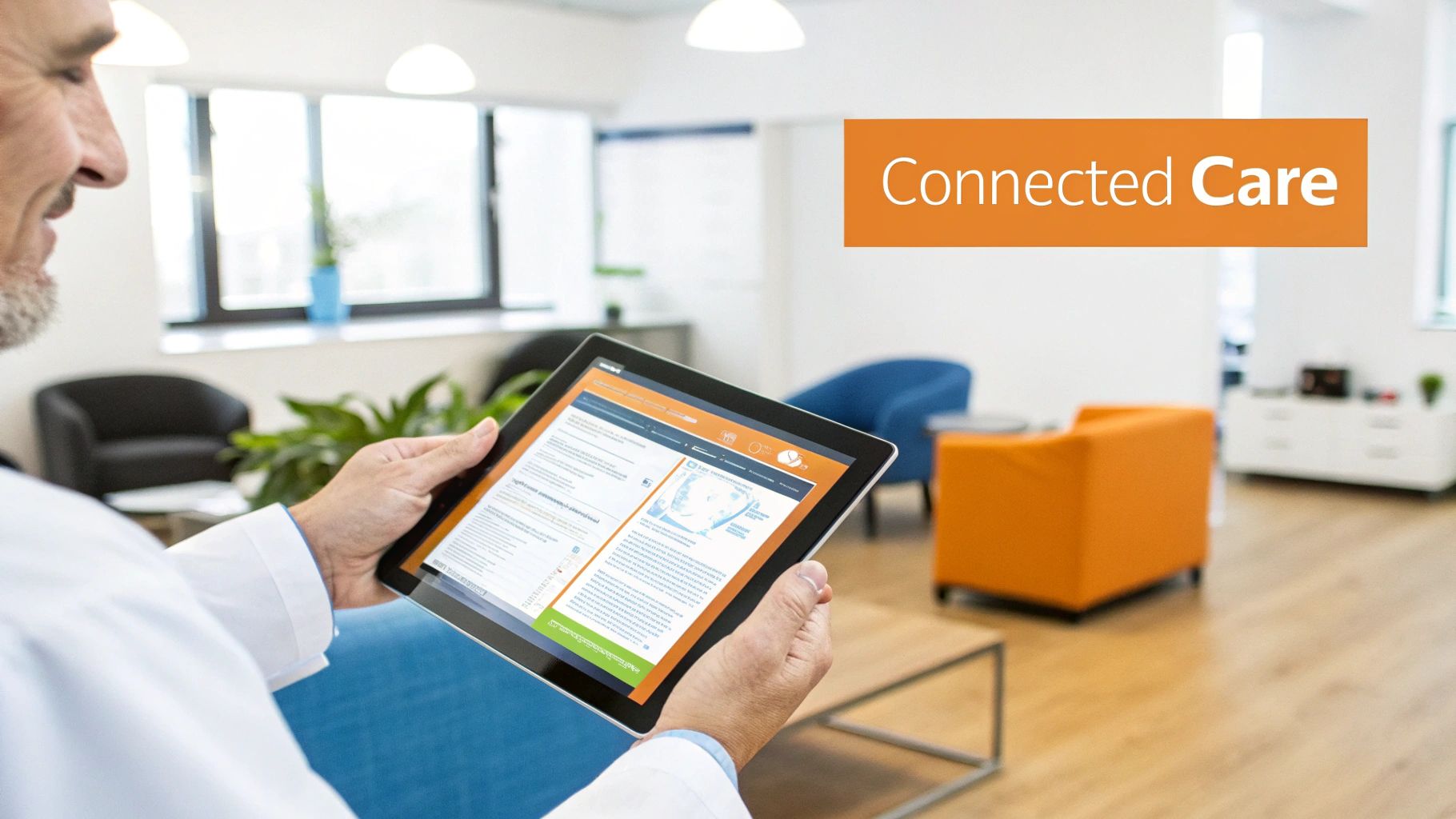 A clinician using a tablet to review patient cognitive data from the Orange Neurosciences platform.