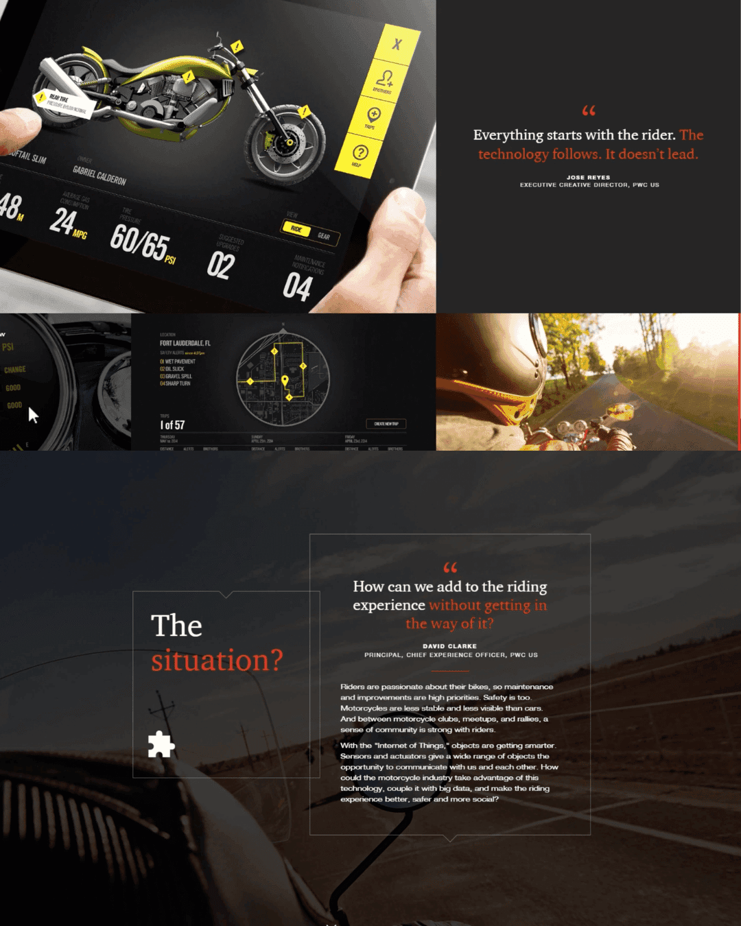Hand holding tablet displaying yellow motorcycle and riding stats.