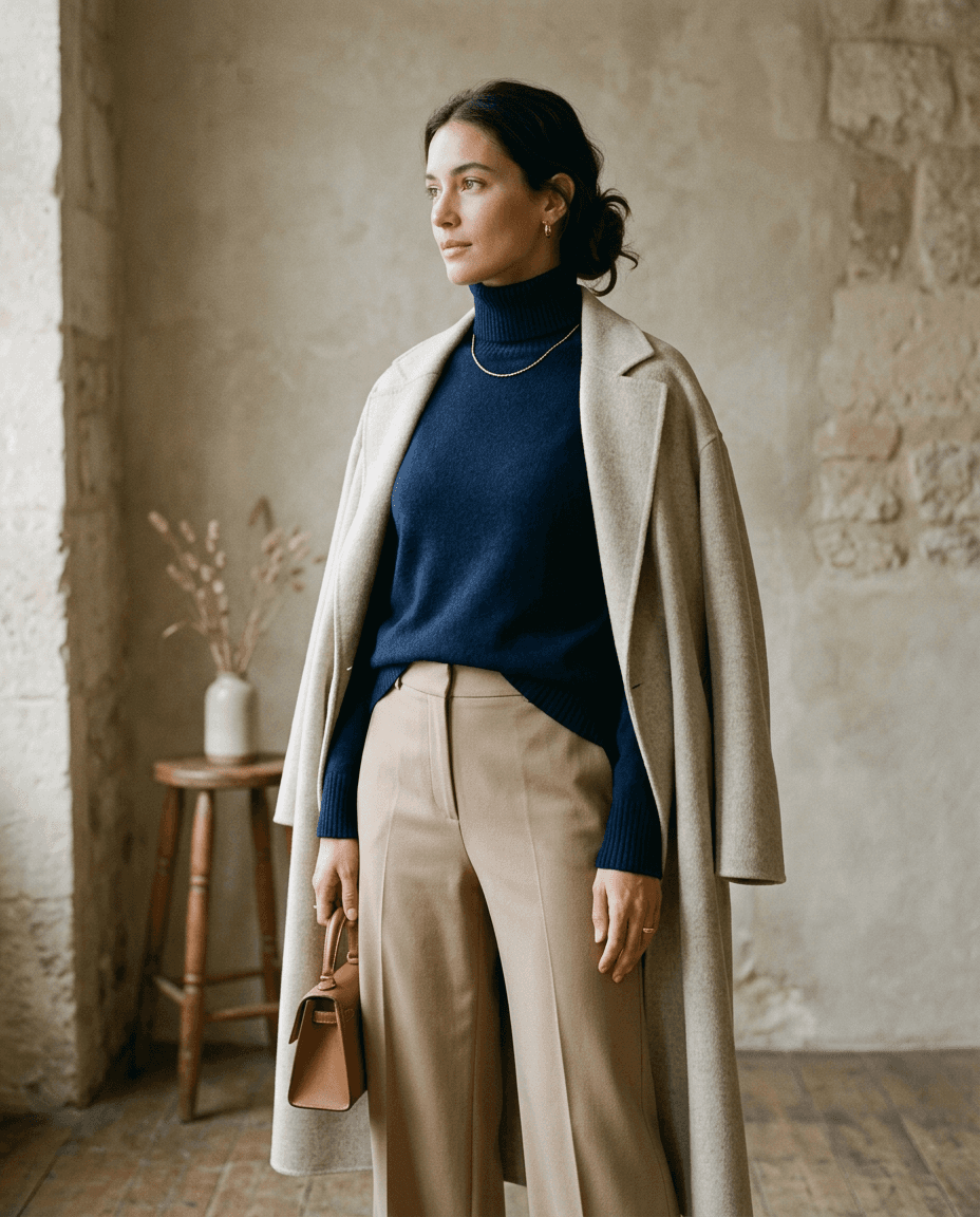 Burgundy Fine Roll-Neck — Deep Navy — styled