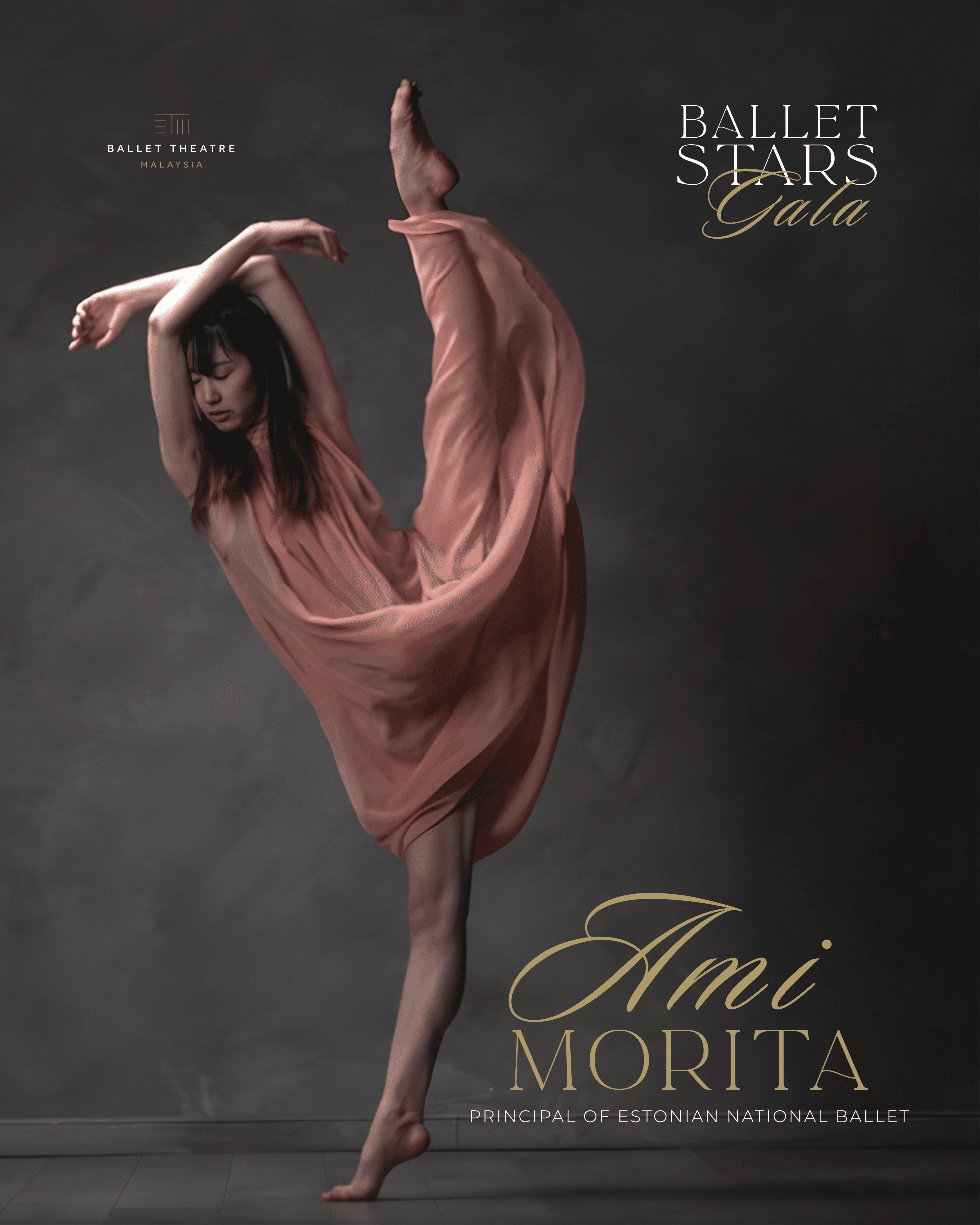 A ballet dancer named Ami Morita performs an elegant pose while wearing a flowing pink dress, showcasing her artistry against a dark backdrop.