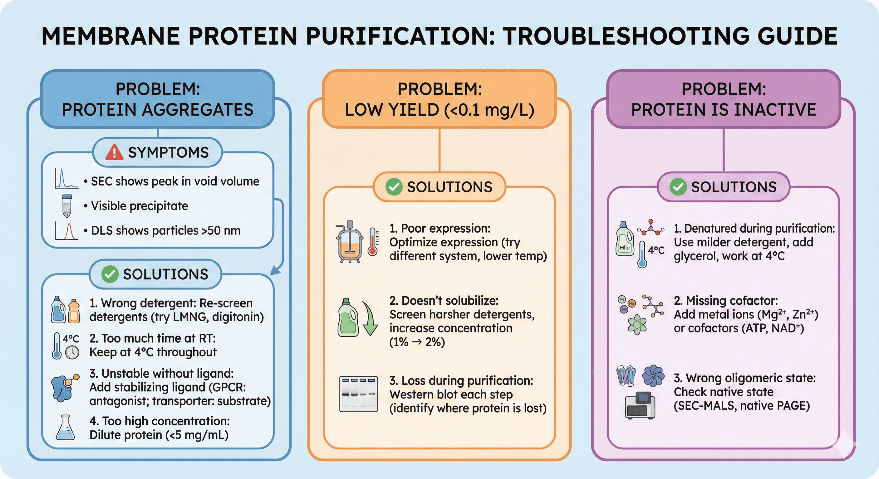 Diagram Showcasing Common PRoblems Around Membrane Protein Purification