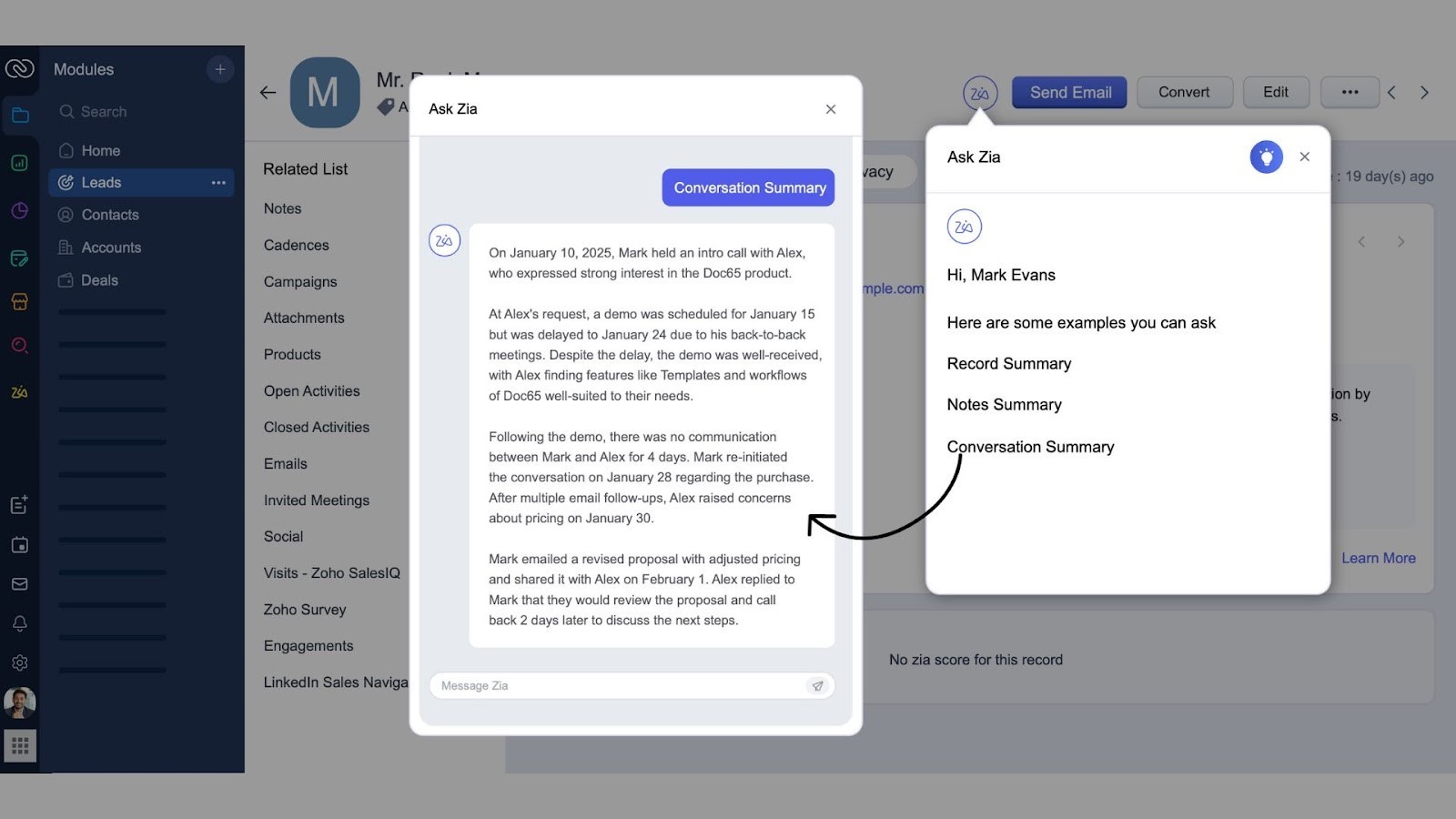 Zoho's AI assistant Zia's conversation summary