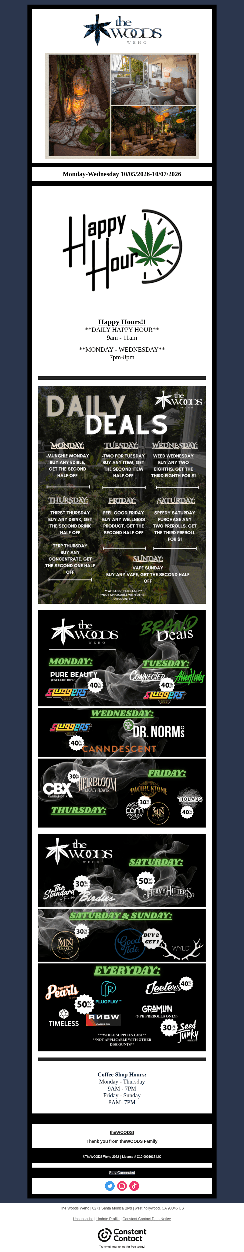 The Woods daily and weekly deals flyer with happy hour, daily deals, and brand specials