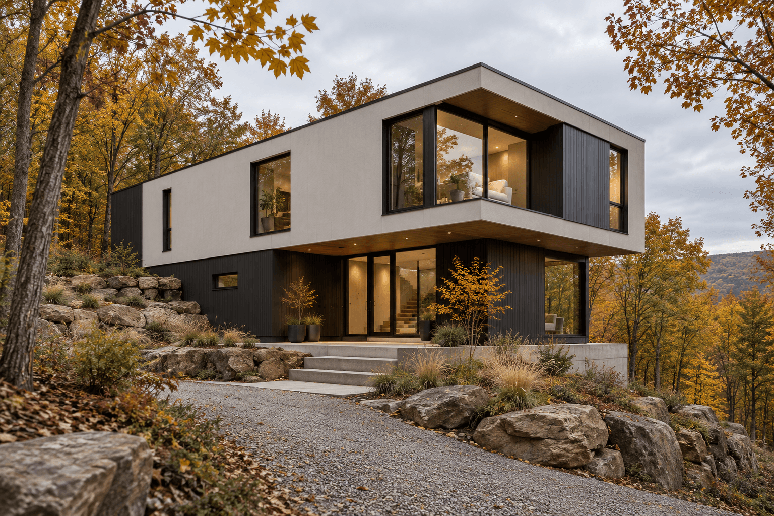 Finished Hudson Ridge Retreat viewed from the approach, with dark cladding, large windows, native planting, and autumn forest.