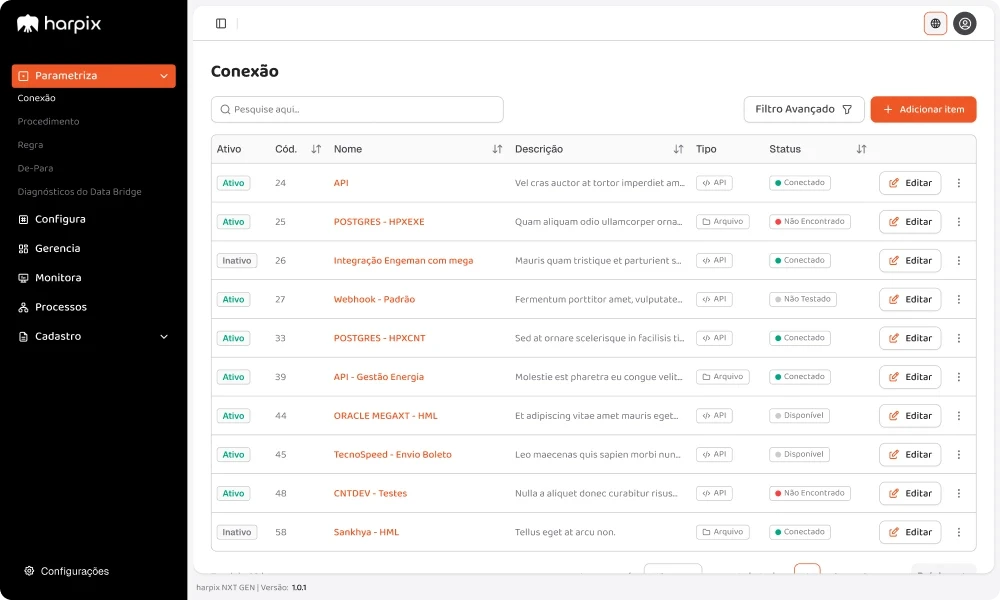 Conexões harpix NXT GEN com lista de integrações. Menu com seções Parametriza, Configura, Gerencia, Monitora, Processos