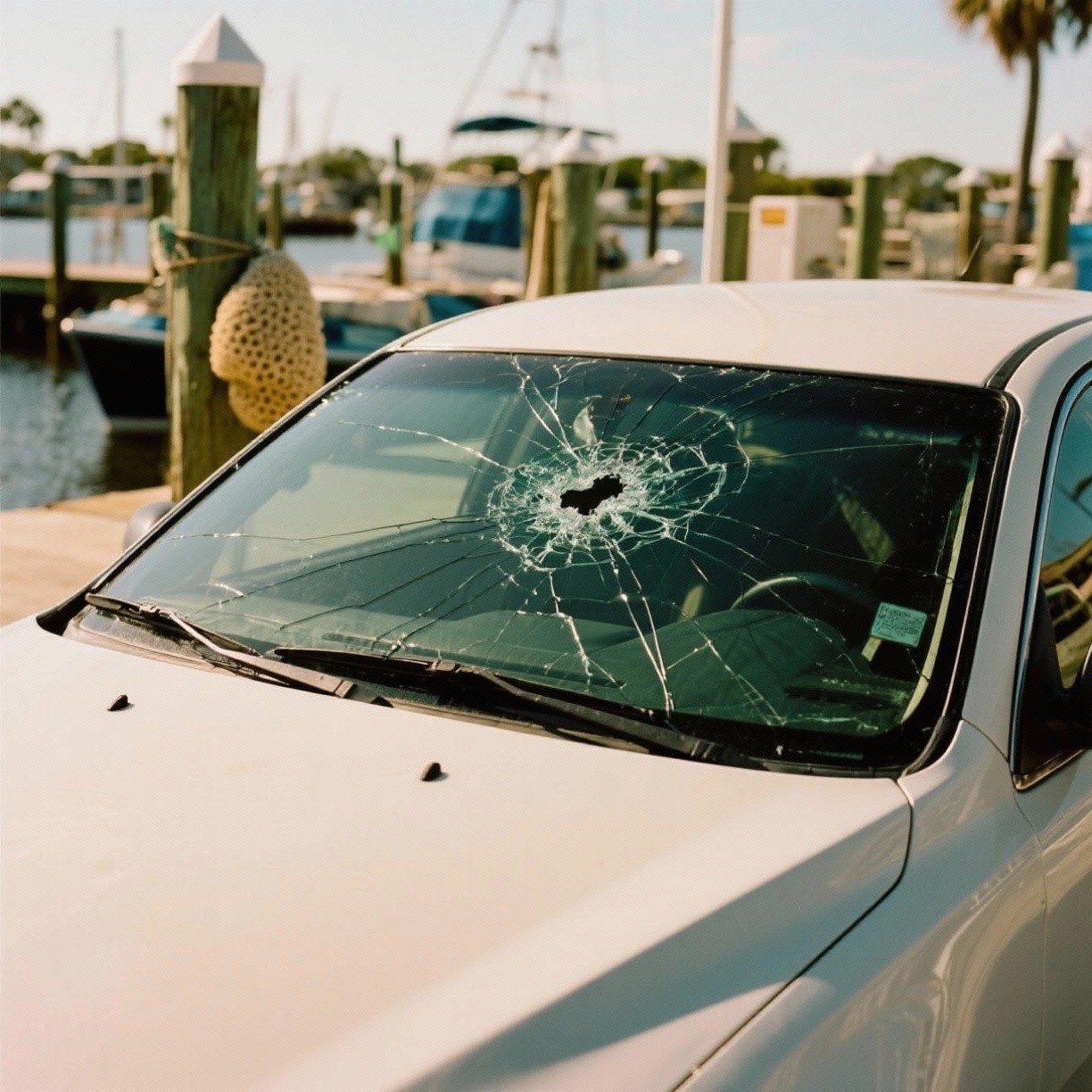 Cracked windshield on a car parked near the Sponge Docks in Tarpon Springs, Florida