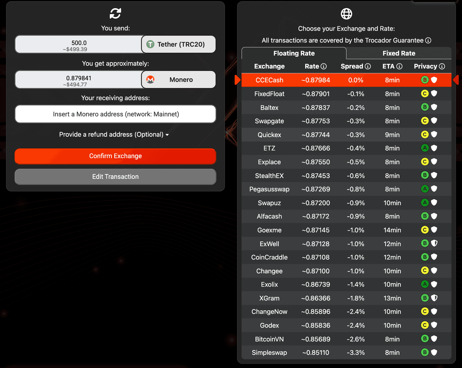 Trocador: 500 USDT TRC-20 to Monero across 21 exchanges, from 0.87984 XMR at CCECash to 0.85110 XMR at SimpleSwap