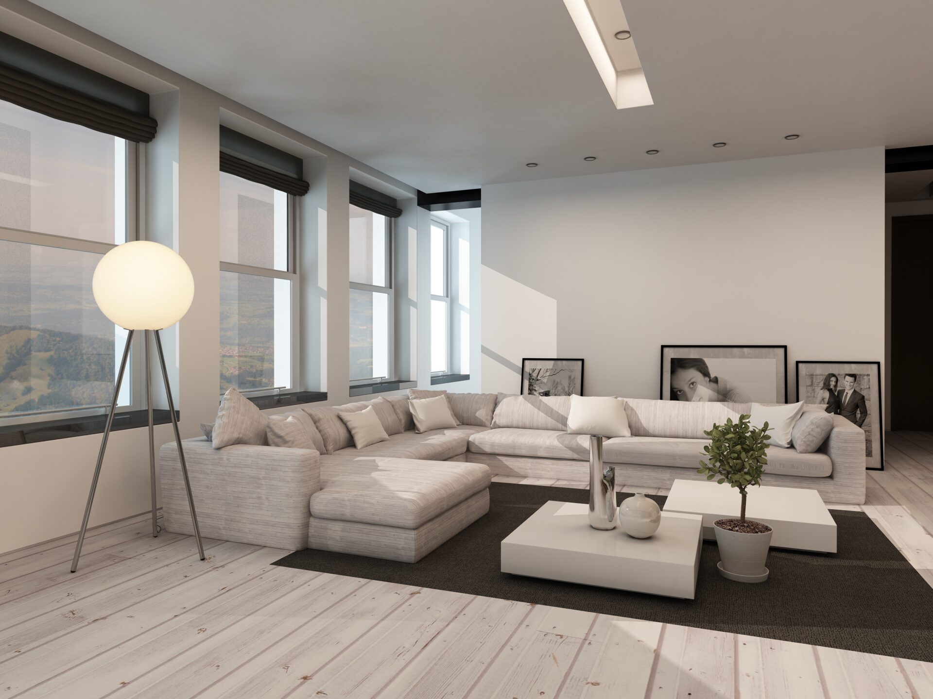 Modern black and white living room interior with white sofas and motorized blinds. Wholesale Blind Factory